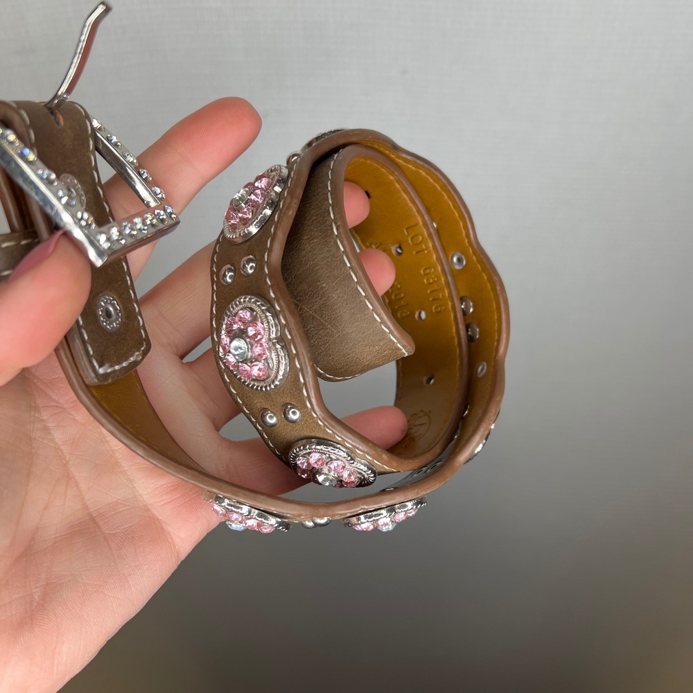 Nocona‎ Kids Brown Leather Rhinestone Heart Conch Western Belt N4427044 Size 22 - Picture 5 of 8